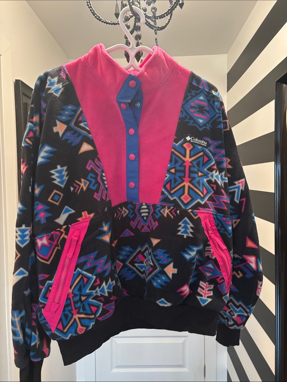 Columbia Black & Hot Pink Aztec Snap-Front Fleece Pullover